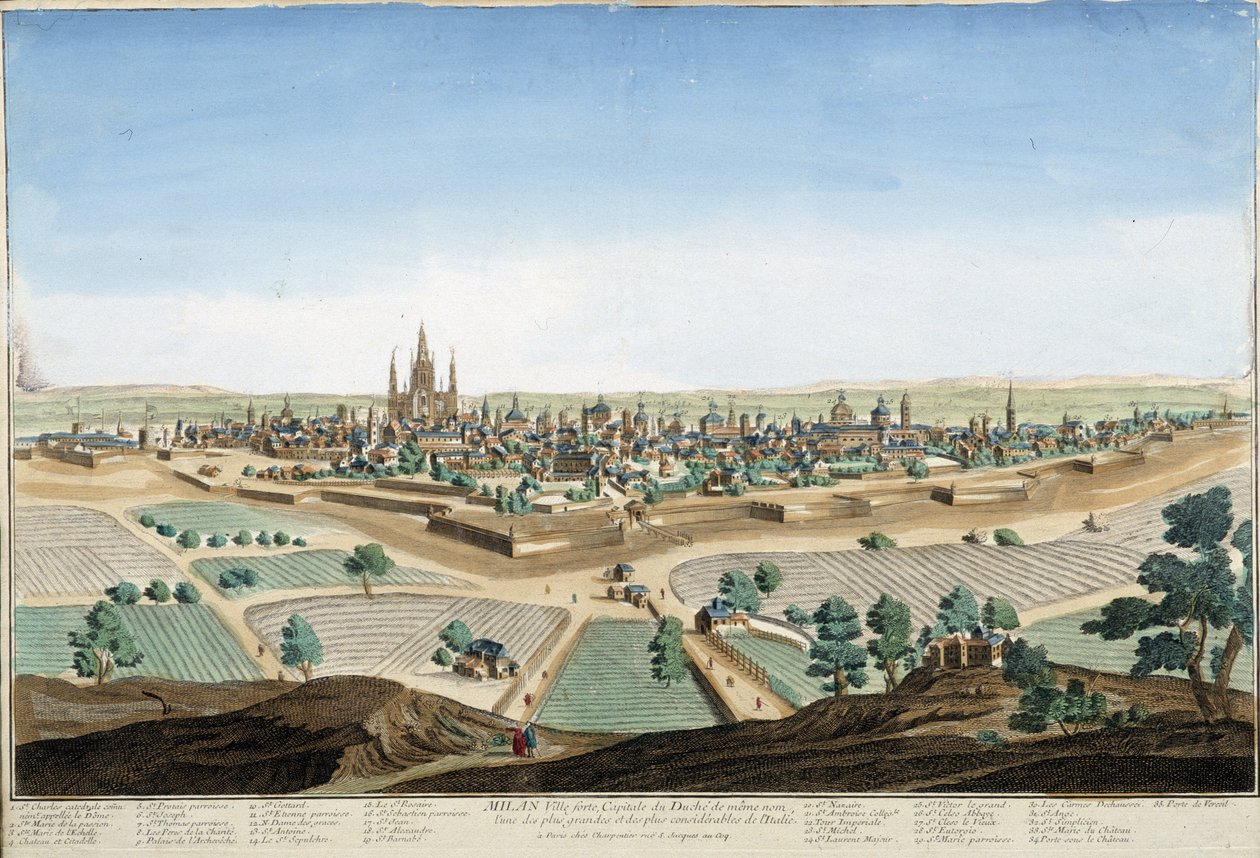 Uitzicht op de stad Milaan, Italië met de kathedraal en de vestingwerken. Gravure uit de 18e eeuw. door Unknown artist