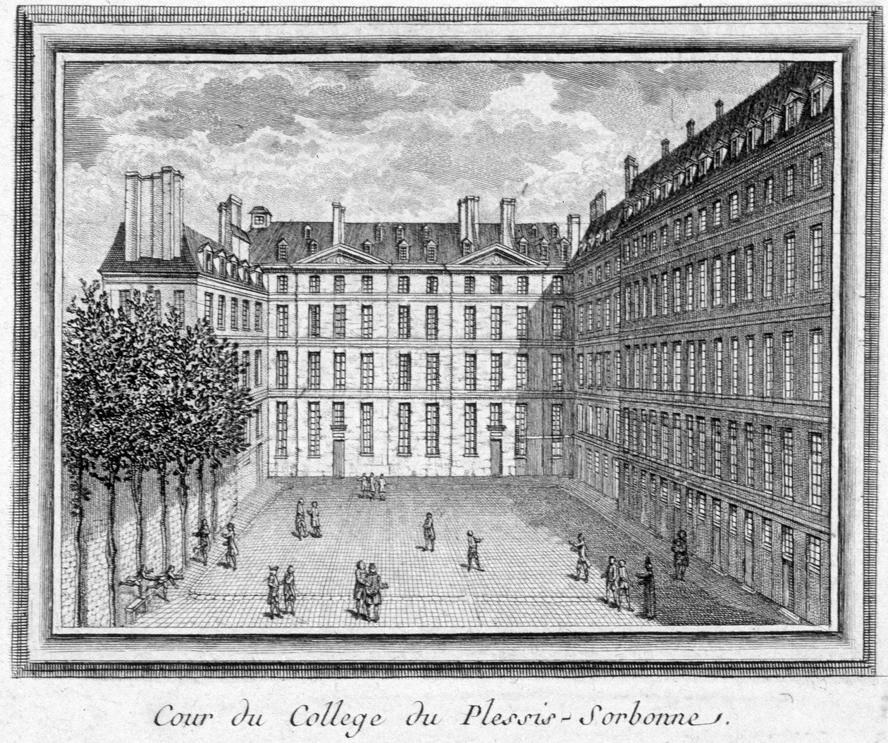 Zicht op de binnenplaats van het college van Plessis Sorbonne (Parijs), gesticht in 1323 door Geoffroy du Plessis Balisson, gebruikt in 1848 en 1849 door de ENA. Gravure bewaard in het Musee Carnavalet door Unknown artist