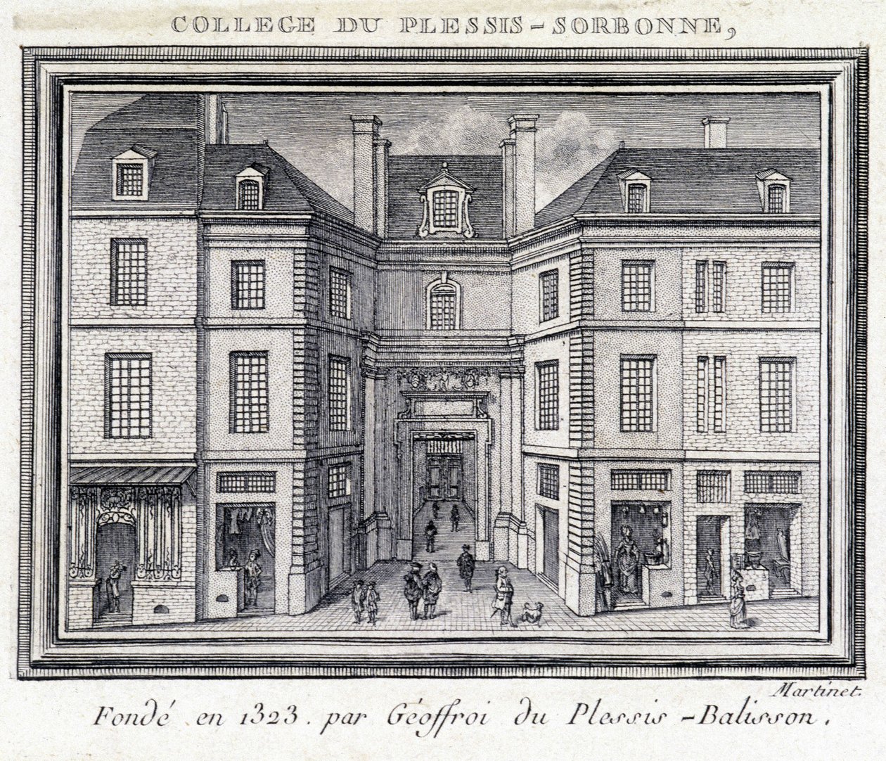 Uitzicht op de buitengevel van het college van Plessis Sorbonne (Parijs), gesticht in 1323 door Geoffroy van Plessis Balisson, gebruikt van 1848 tot 1849 door de ENA. Gravure bewaard in het Musée Carnavalet, Parijs door Unknown artist