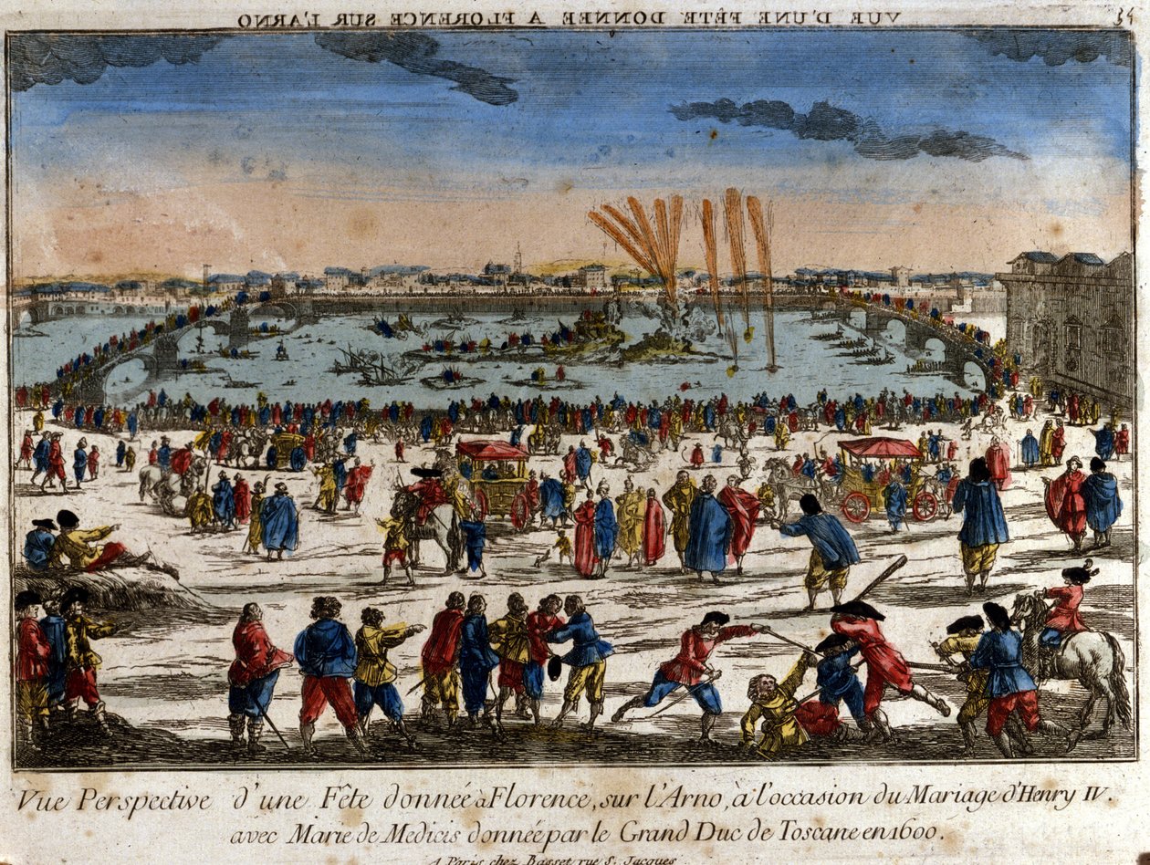 Uitzicht op het feest gegeven in Florence aan de oevers van de rivier de Arno door de Groothertog van Toscane ter gelegenheid van het huwelijk van Hendrik IV met Maria de
