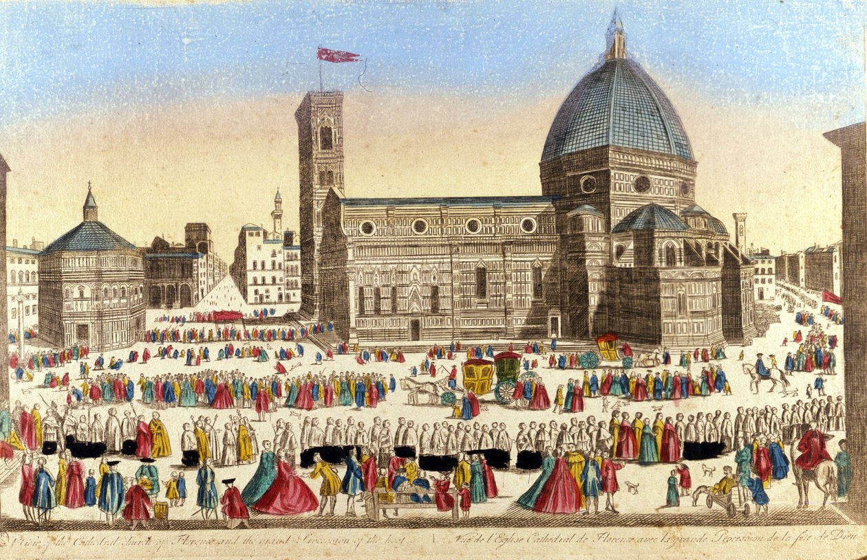 Uitzicht op de grote kathedraal van Florence (Duomo Santa Maria del Fiore) gerealiseerd door Filippo Brunelleschi, op de dag van de processie van de Heilige God. Circa 1790 door Unknown artist