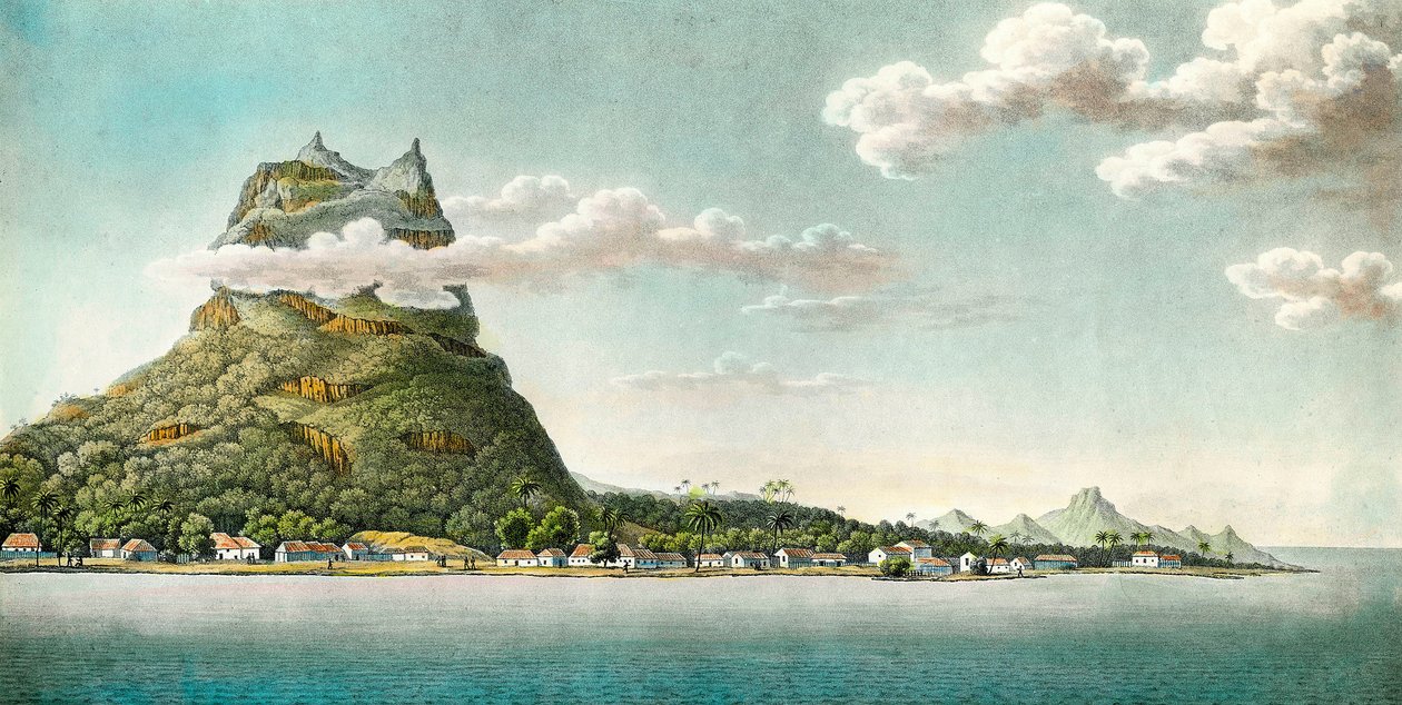 Uitzicht op het eiland Bora Bora in het huidige Frans-Polynesië. Gravure 18e eeuw. Privécollectie door Unknown artist