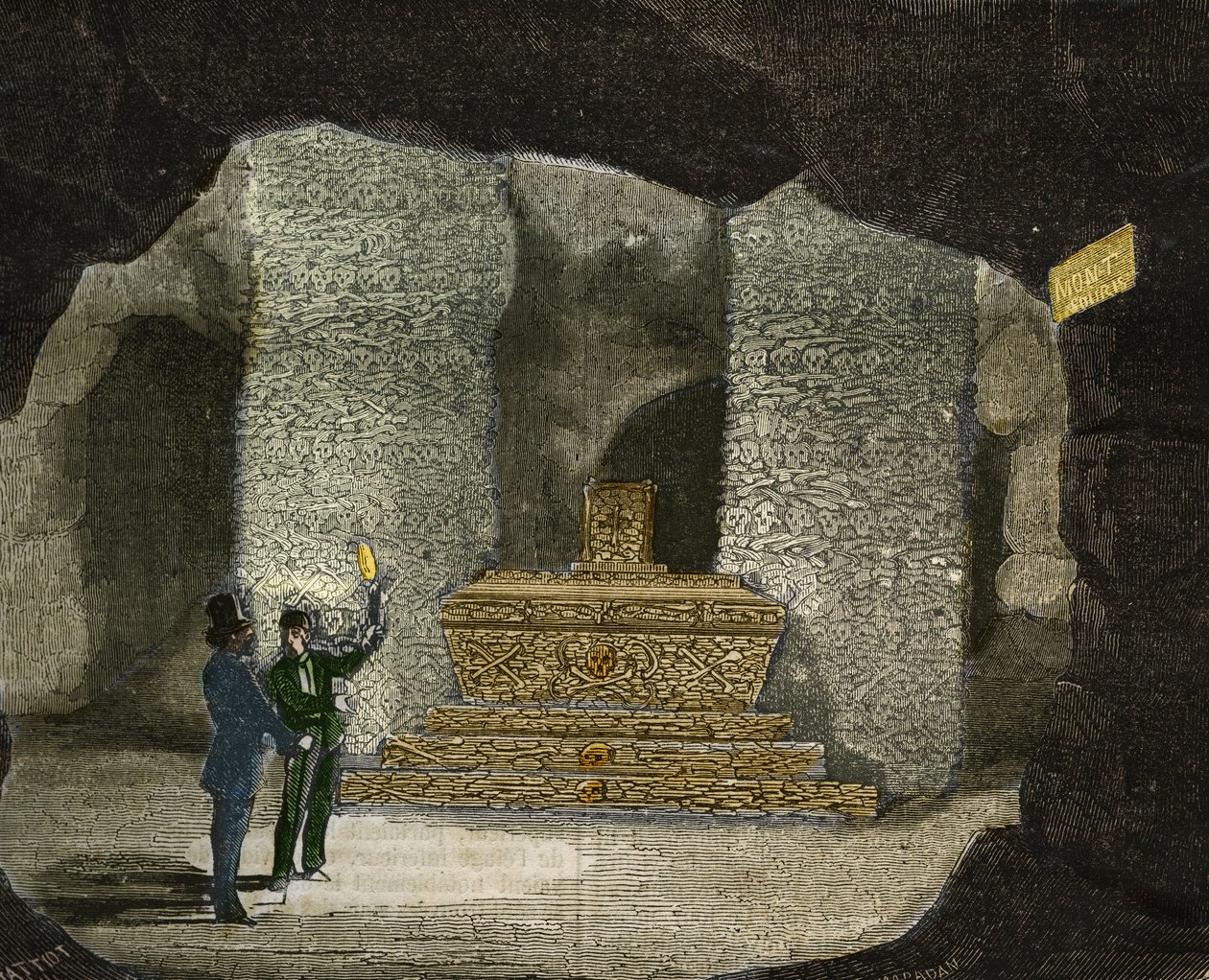 Gezicht op het ossuarium van de catacomben van Montsouris in Parijs. Gravure uit 1856 in 