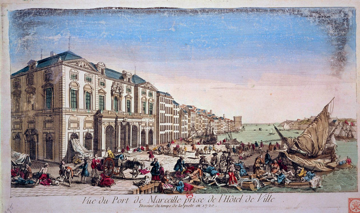 Uitzicht op de haven van Marseille vanaf het stadhuis tijdens de pestepidemie van 1720 Gravure van 1720 Parijs, B.N. door Unknown artist