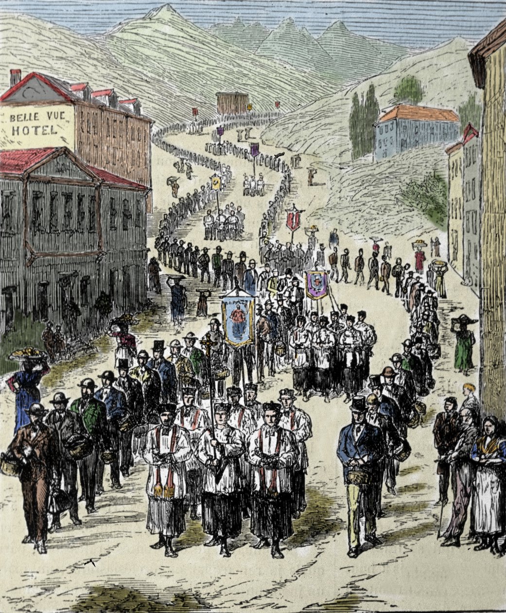 Zicht op de processie van het station naar de grot van Lourdes in de Hoge Pyreneeën waar de Maagd verscheen aan Bernadette Soubirous in 1858, huidige bedevaartplaats. Gravure uit de 19e eeuw door Unknown artist