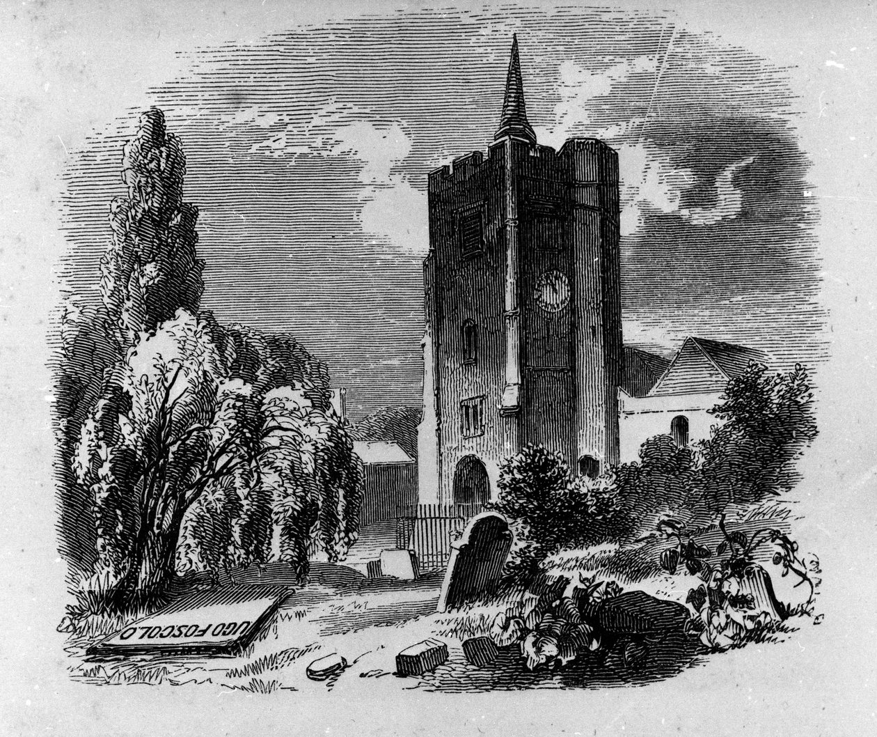 Zicht op het graf van de Italiaanse dichter en toneelschrijver Ugo Foscolo (1778-1827) op de begraafplaats van Chiswick in Londen. Gravure uit de 19e eeuw door Unknown artist
