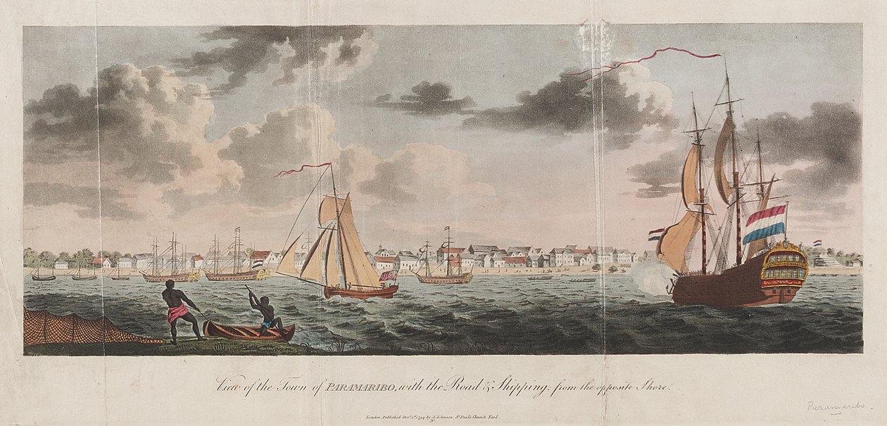 Uitzicht op de stad Paramaribo, met de weg en schepen vanaf de overkant door Unknown artist