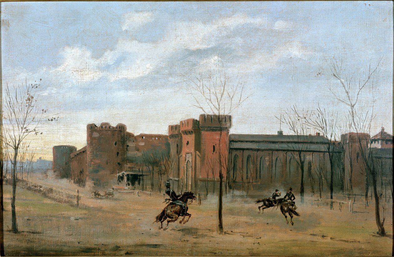 Uitzicht op het Sforza-kasteel met cavalerietraining door Unknown artist