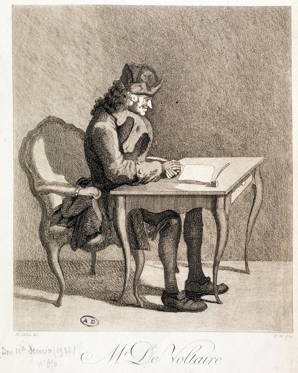 Voltaire aan zijn werktafel - gravure door Unknown artist