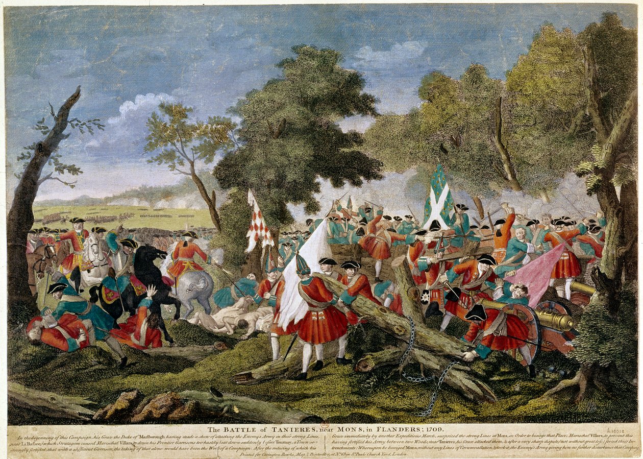 Oorlog van de Spaanse Successie (1701-1714): zicht op de Slag bij Malplaquet nabij Mons aan de Frans-Belgische grens 11/09/1709 tussen Franse en Spaanse troepen en een Engelse, Nederlandse en Oostenrijkse coalitie - Prenten van 1709 - BN Parijs door Unknown artist