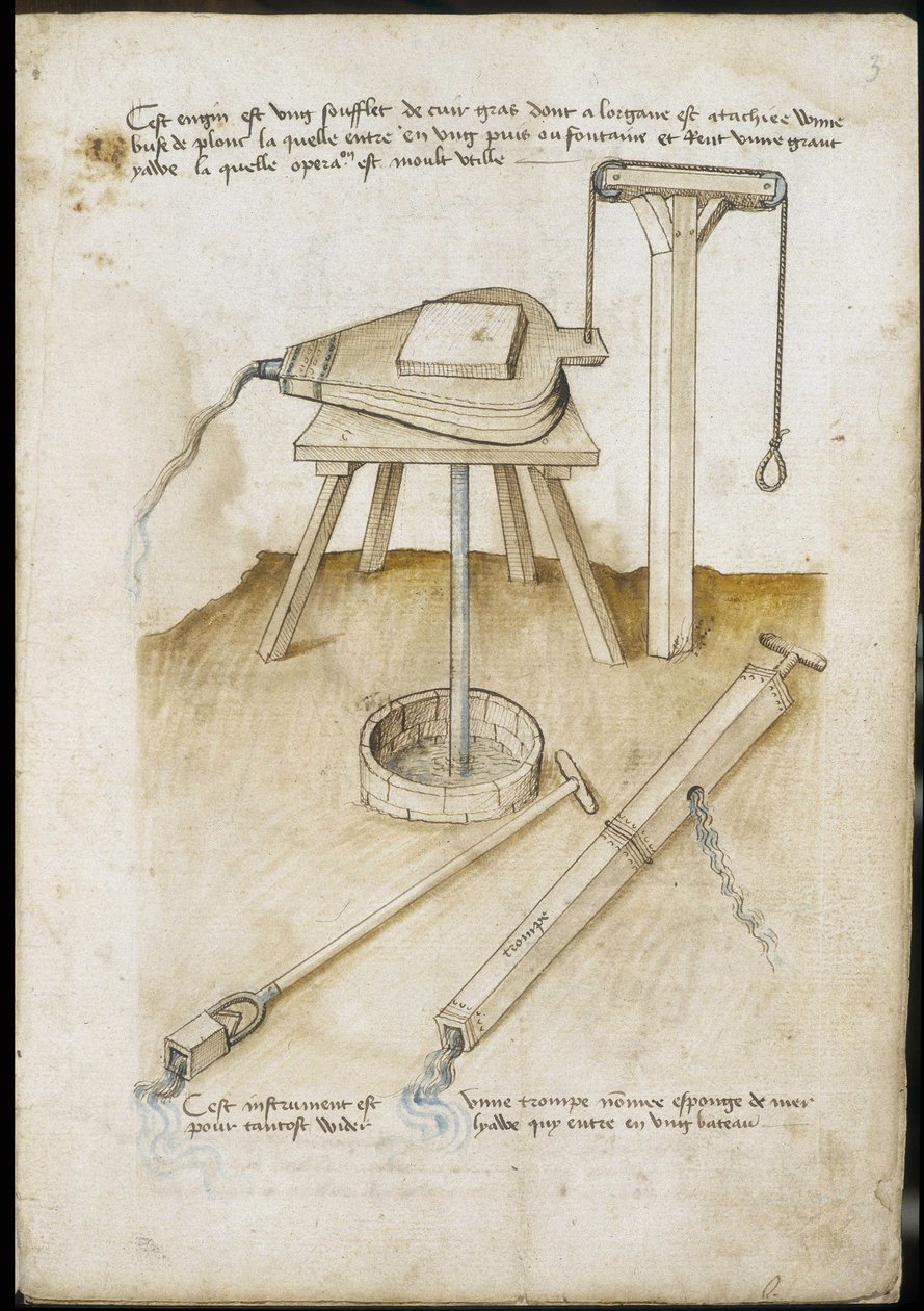 Waterpompinstrumenten - Manuscript: perkamentblad van een ingenieurshandboek voor de bouw van civiele, religieuze en militaire gebouwen, anoniem, laat 15e eeuw (figuur in Chinese inkt) door Unknown artist