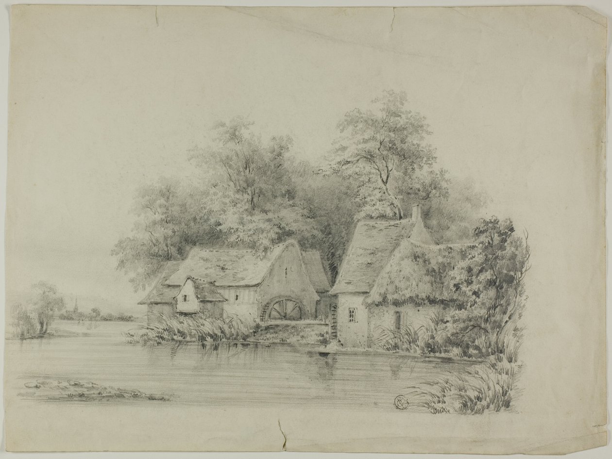 Watermolen en huisje met rieten daken door Unknown artist
