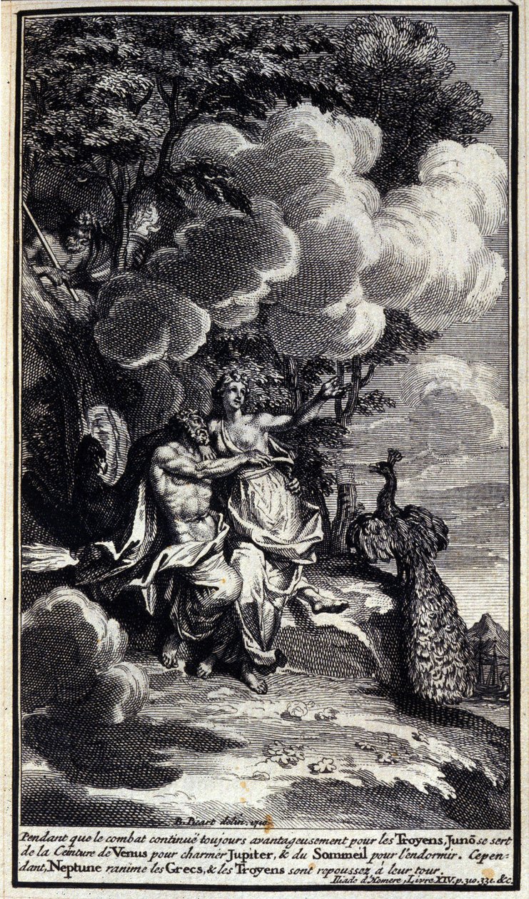 Terwijl het gevecht voordelig blijft voor de Trojanen, gebruikt Juno de gordel van Venus om Jupiter te betoveren en slaap om hem in slaap te brengen. Ondertussen herleeft Neptunus de Grieken en worden de Trojanen verdreven. Illustratie van boek XIV van de  door Unknown artist