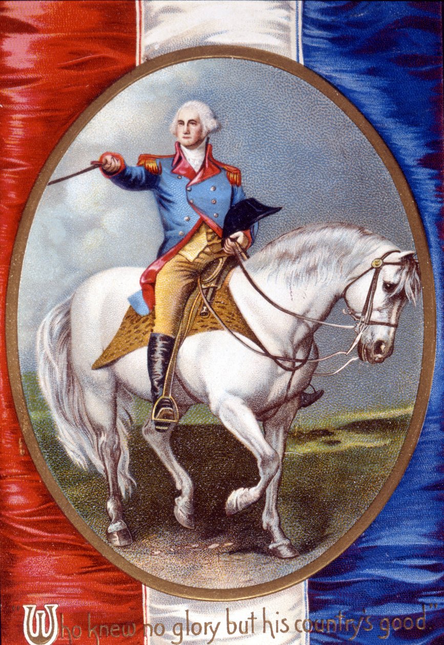 Wie geen glorie kende behalve het welzijn van zijn land: George Washington (1732 - 1799) rijdend in medaillon op de achterkant van de Franse vlag door Unknown artist