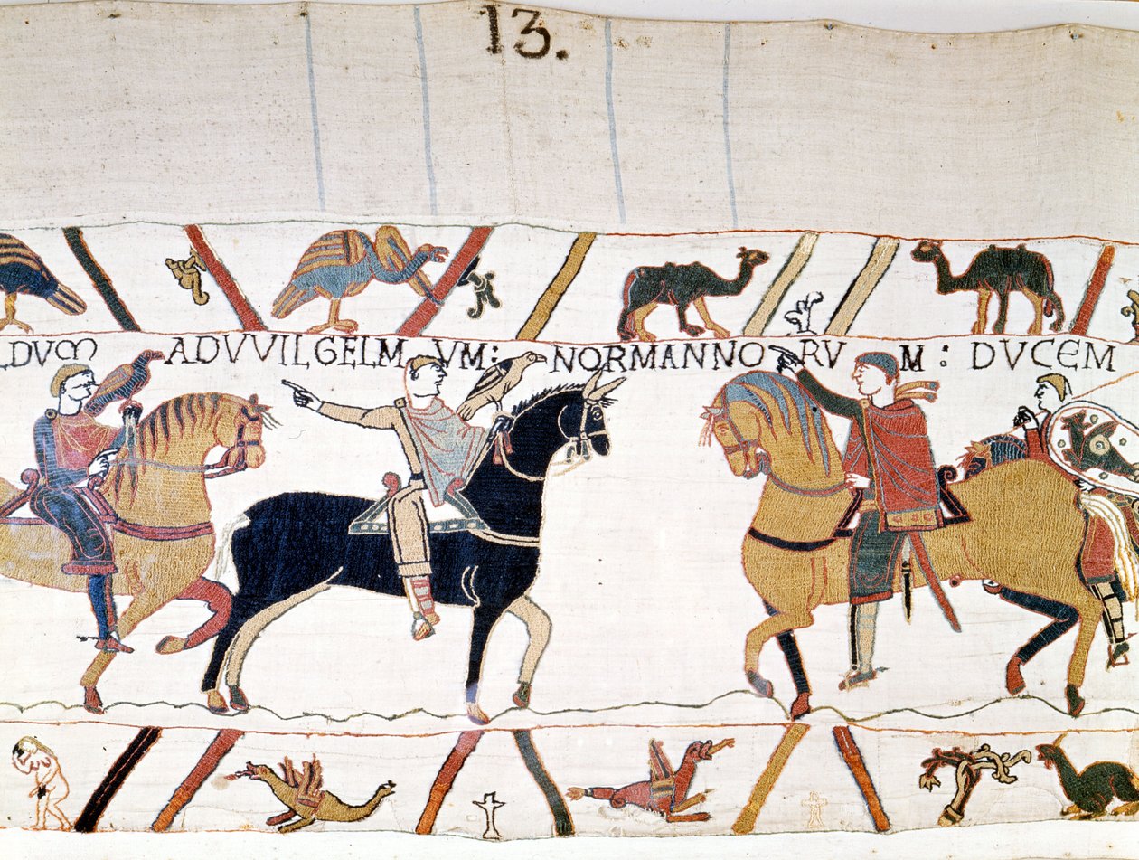 Willem de Veroveraar ontmoette Harold II, koning van Engeland, na hem te hebben bevrijd. Tapijt van Bayeux, bekend als Borduurwerk van Koningin Mathilde door Unknown artist