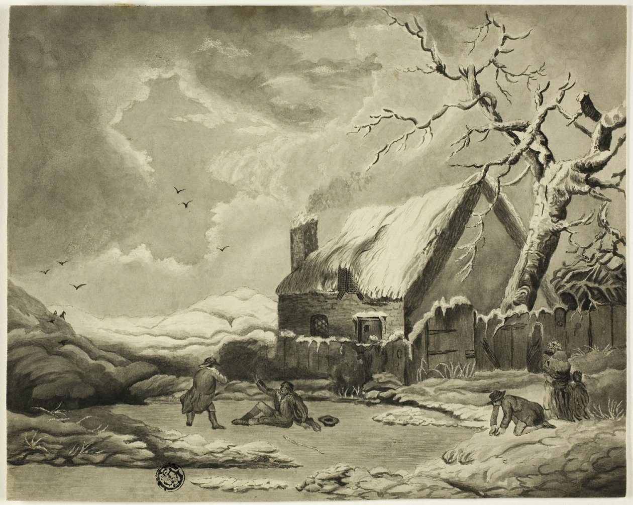 Winterscène met Mensen Buiten een Huisje bij een Vijver door Unknown artist
