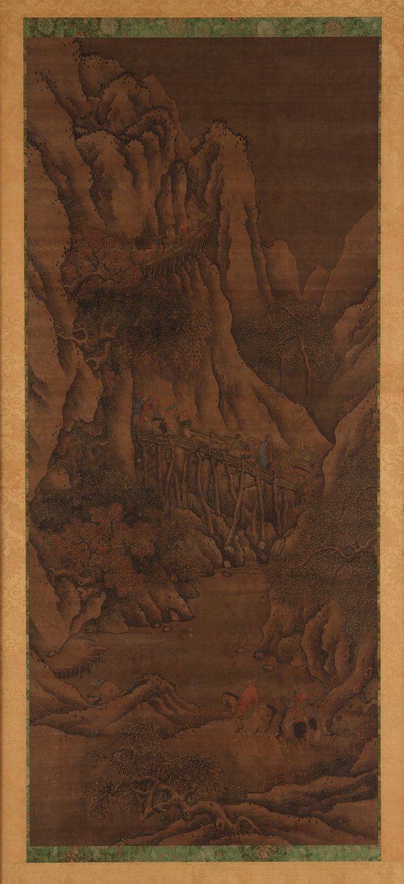 Winterlandschap: heuvels en rivier; figuren van reizigers te paard door Unknown artist