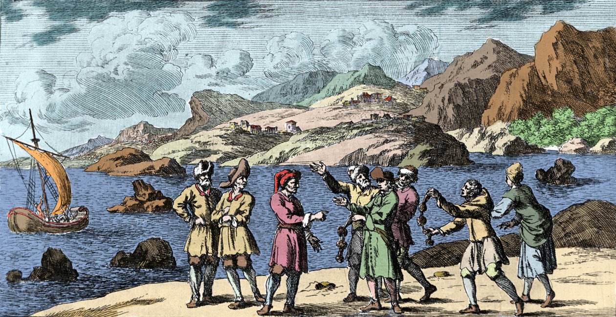 Hekserij en overtuigingen: Finnen en Sami die een storm oproepen door de magie van drie knopen. Gravure uit 