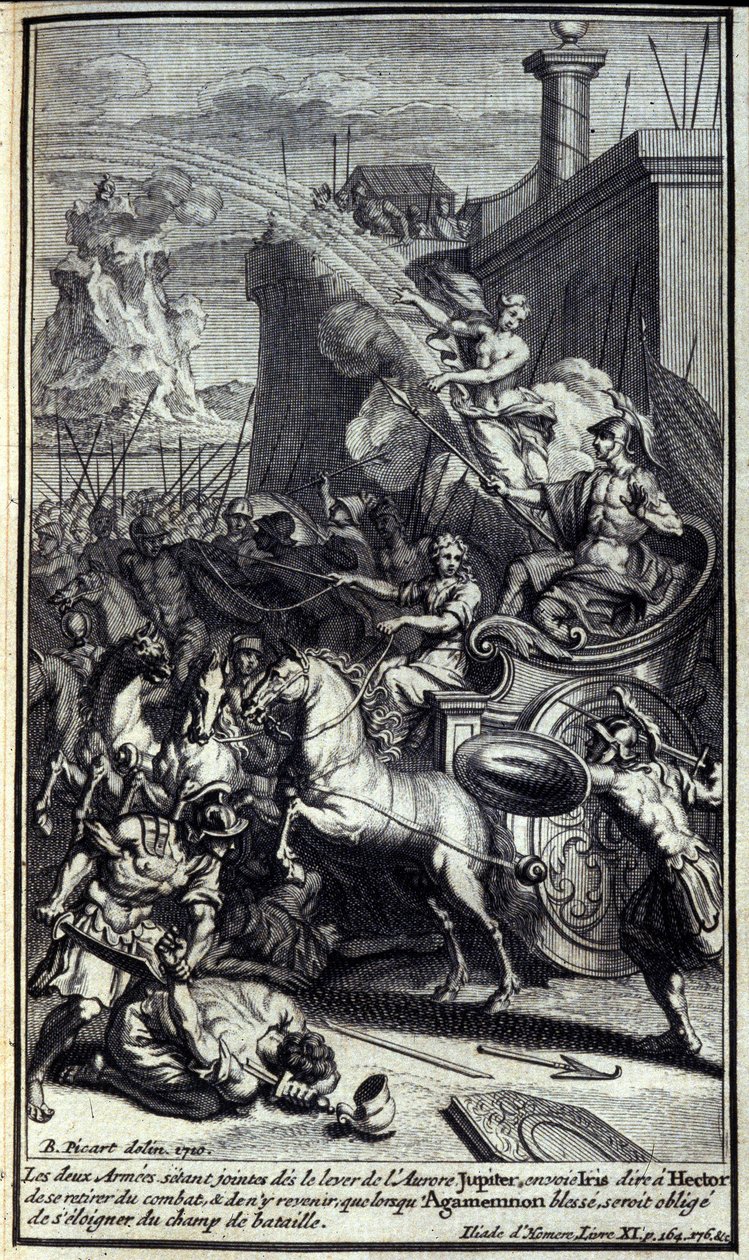 Met de twee legers die de opkomst van de dageraad samenvoegen, stuurde Jupiter Iris om Hector te vertellen zich terug te trekken uit de strijd en pas terug te keren wanneer Agamemnon gewond raakt en gedwongen zou zijn zich van het slagveld terug te trekken door Unknown artist