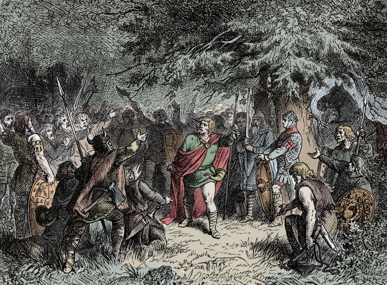 Widukind roept zijn Saksen op tot de wapens - Widukind van Saksen (circa 750-810) roept de Saksen op om de wapens op te nemen tegen de Frankische invasie van Karel de Grote in 777 door Unknown artist