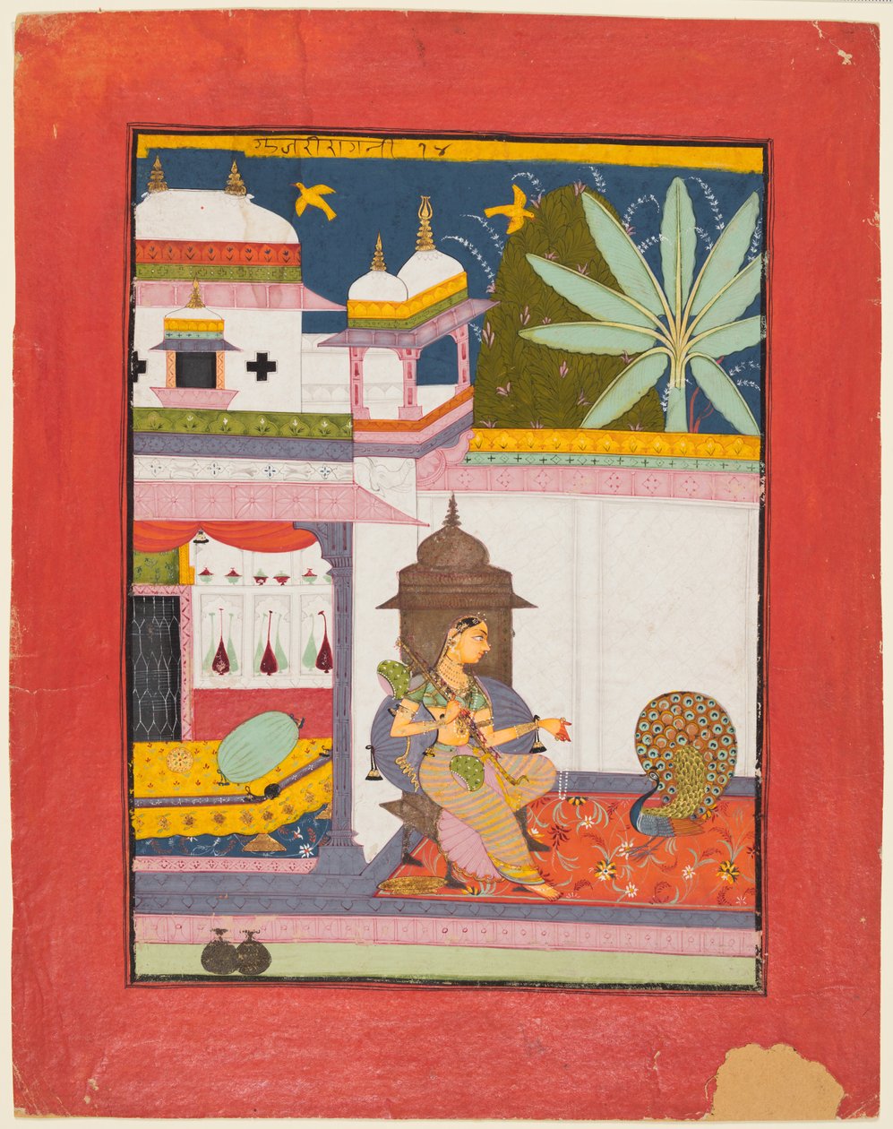 Vrouw die een pauw aanspreekt: Gujari Ragini van Megh, uit een Ragamala door Unknown artist