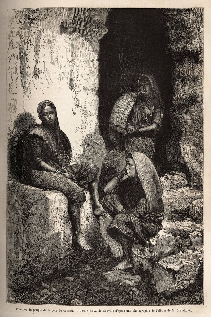 Vrouwen van het volk van de Concau-kust (of Konkan, noordkust van India). Gravure ter illustratie van de reis in de zuidelijke provincies van India, door Alfred Grandidier, in 1862-1864, gepubliceerd in 