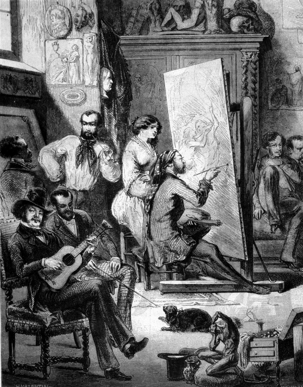 Werkplaats van een schilder in de 19e eeuw. Sommigen spelen muziek, anderen roken terwijl de schilder tekent. Gravure uit de 19e eeuw door Unknown artist