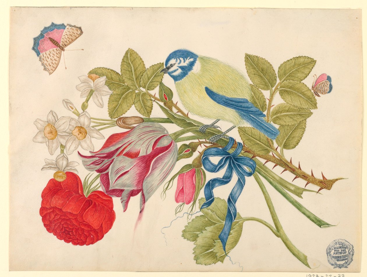 Geel-en-blauwe vogel op boeket met roos, tulpen en narcissen, met vlinders door Unknown artist
