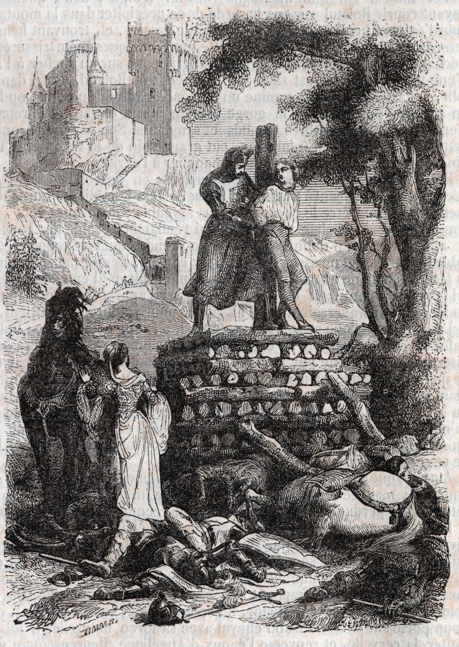 Zerbin op de brandstapel, bevrijd door Roland - gravure van 1851 uit 