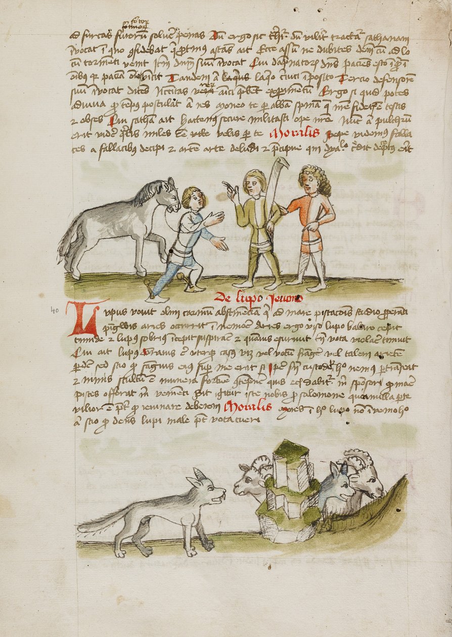 Een man leidt een paard naar twee andere mannen; een wolf voor een kudde schapen en rammen door Unknown artist/maker