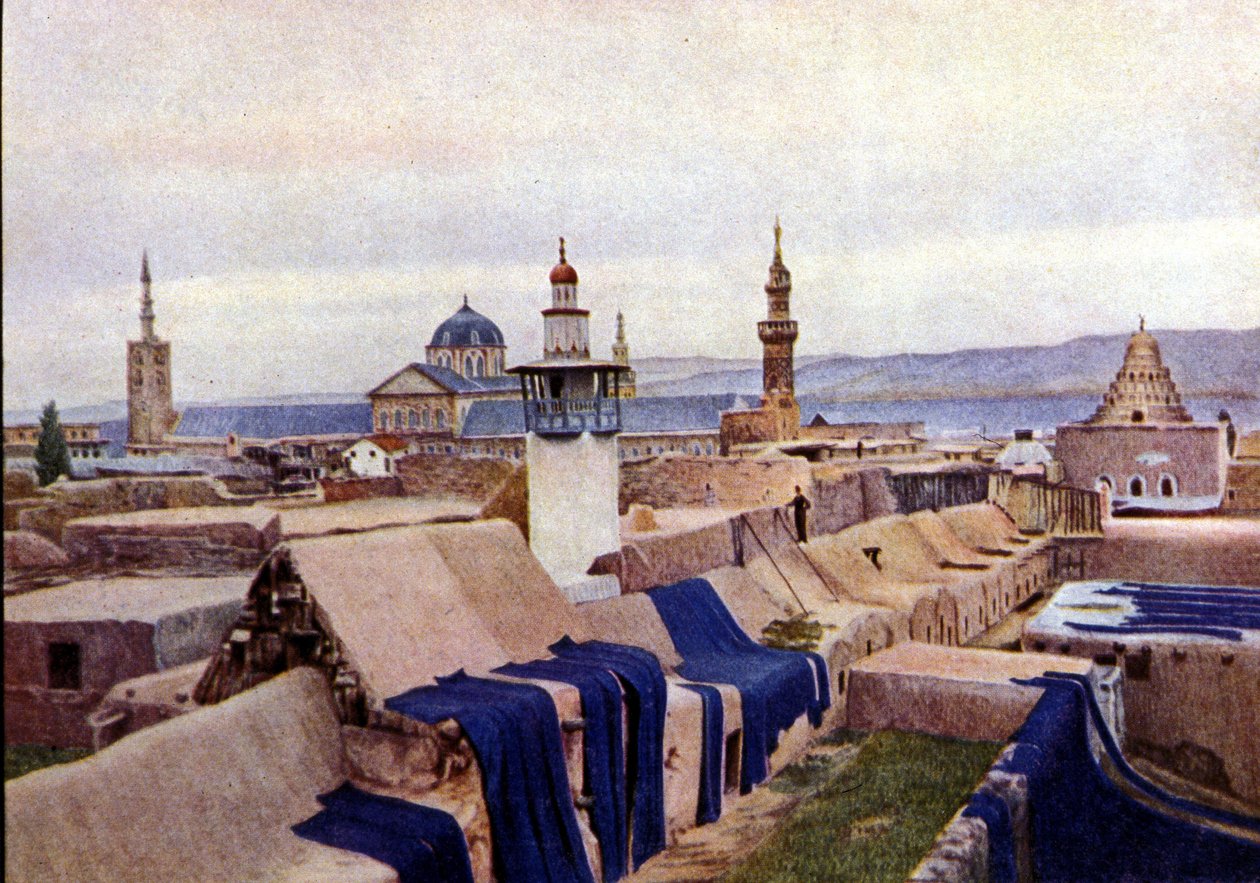 Blauwe katoenen stoffen te drogen gelegd op de daken van ververijen in Damascus (Syrië) door Unknown photographer