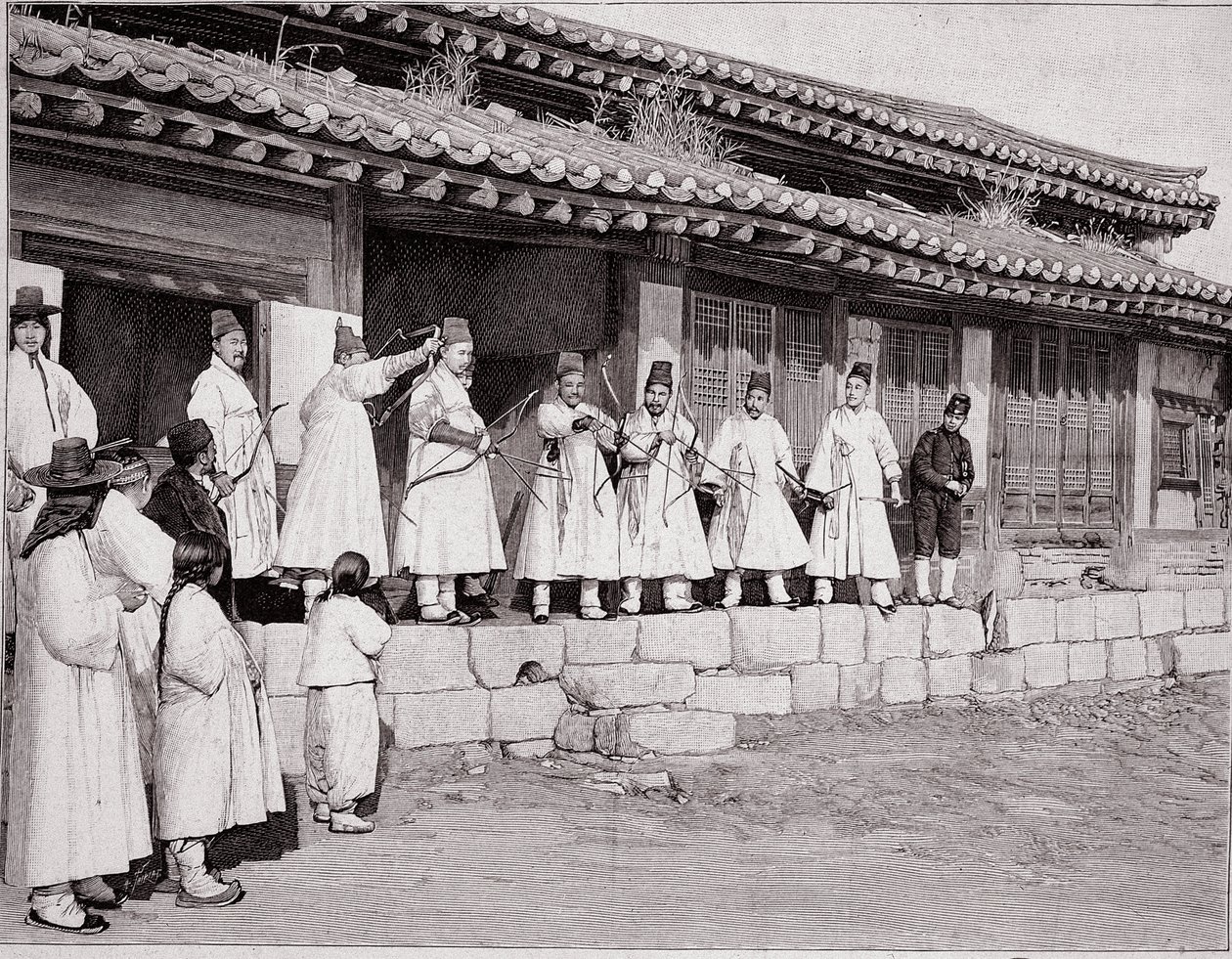 Boogschutters in het oude paleis van Seoul, Korea, eind 19e eeuw door Unknown photographer
