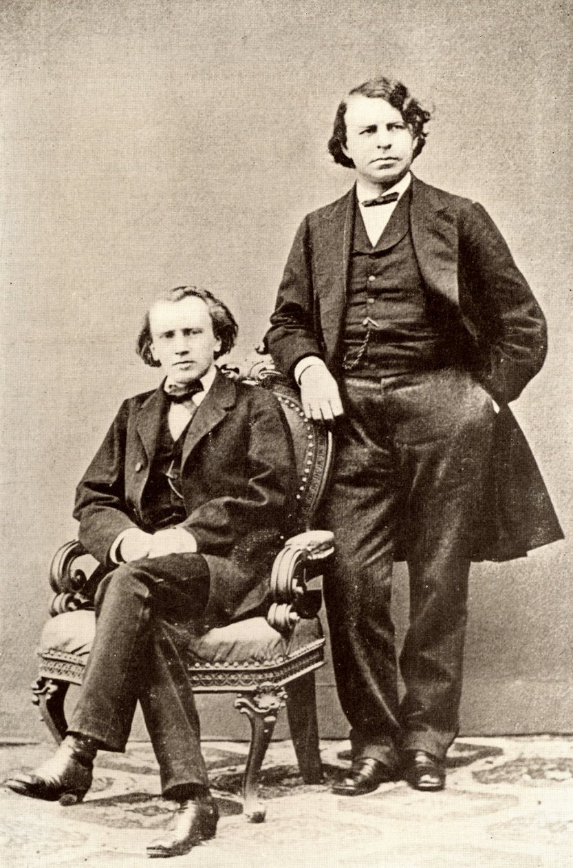 Johannes Brahms (1833-1897) Duitse componist, zittend, met Joseph Joachim (1831-1907) Hongaarse violist en componist, en directeur van het Berlijns Conservatorium. Halftoon naar een foto door Unknown photographer