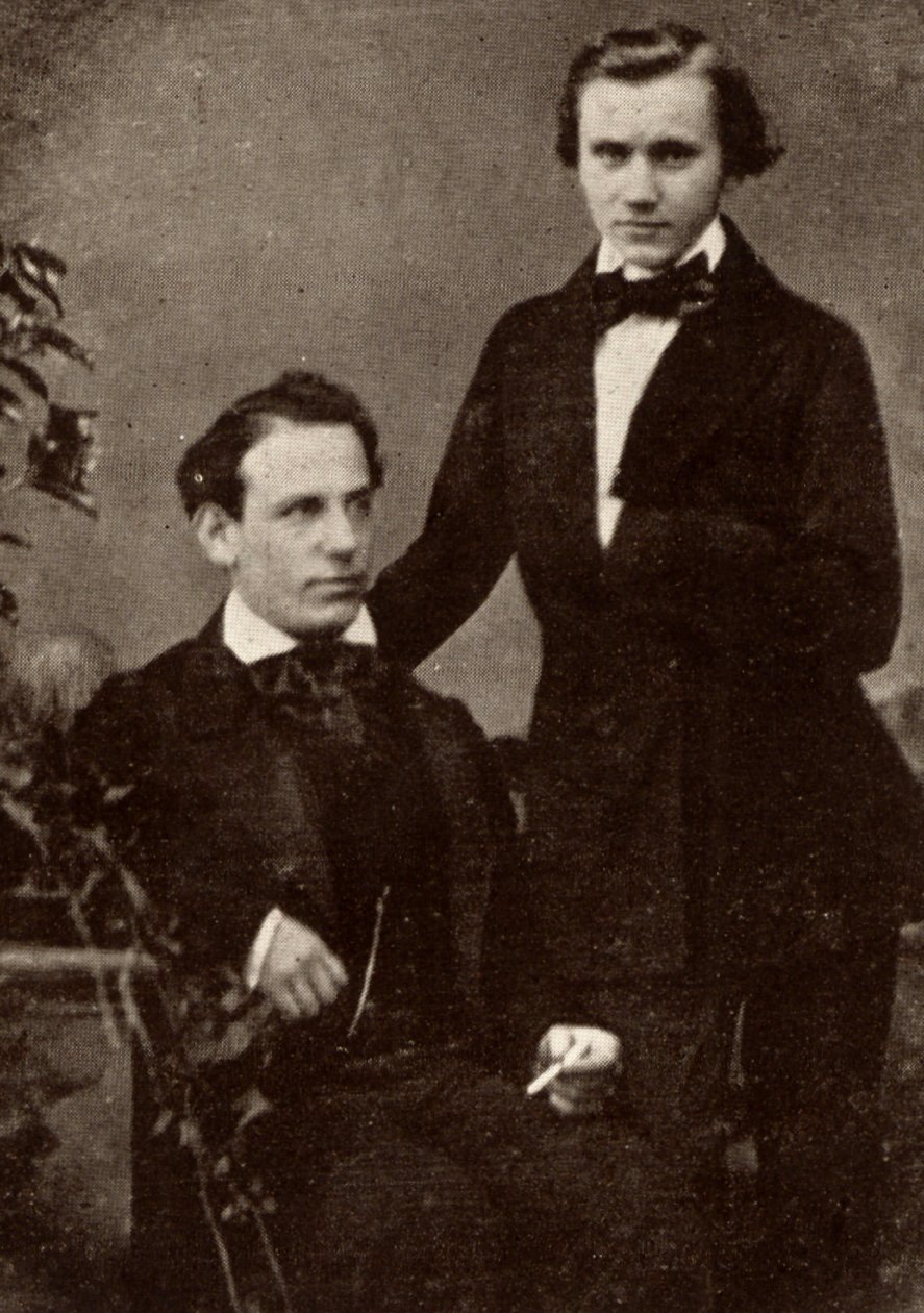 Johannes Brahms (1833-1897) Duitse componist, staand, met de Hongaarse violist Eduard Remenyi (1828-1898), met wie hij op tournee ging (halftoon van een foto) door Unknown photographer