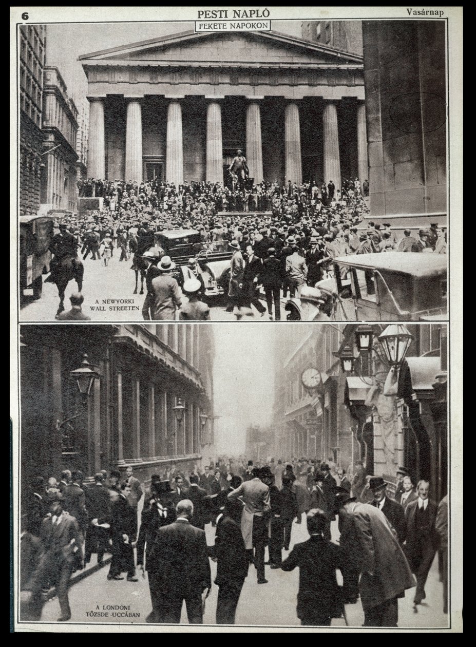 Boven: Zwarte Dagen op Wall Street; Onder: de Beurs in Londen ten tijde van de Crash in 1929, uit 