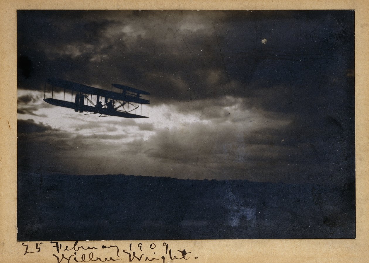 Wilbur Wright tijdens de vlucht, met handtekening 