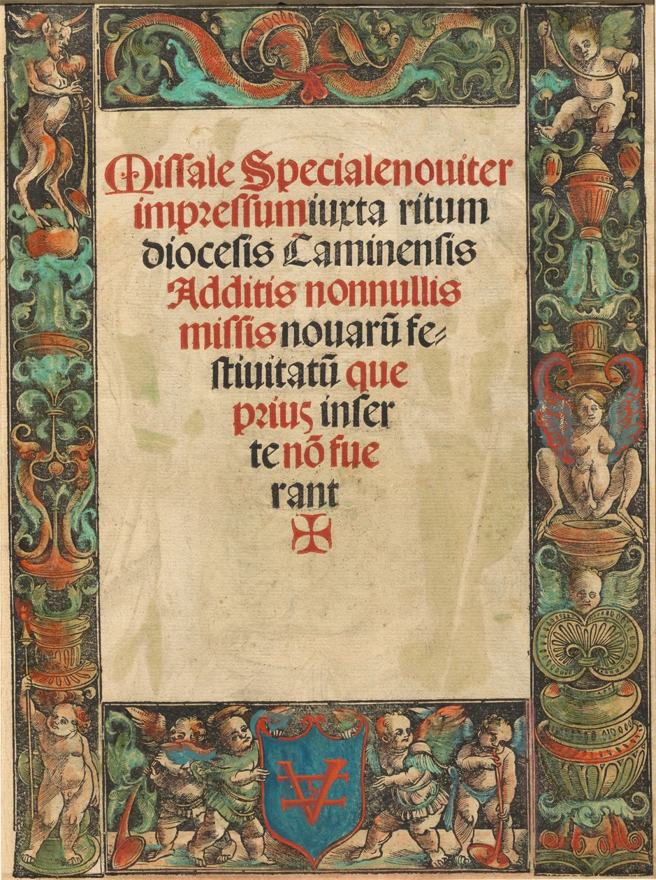 Titelpagina voor een missaal, met satyr en putti rand [verso] door Urs Graf I