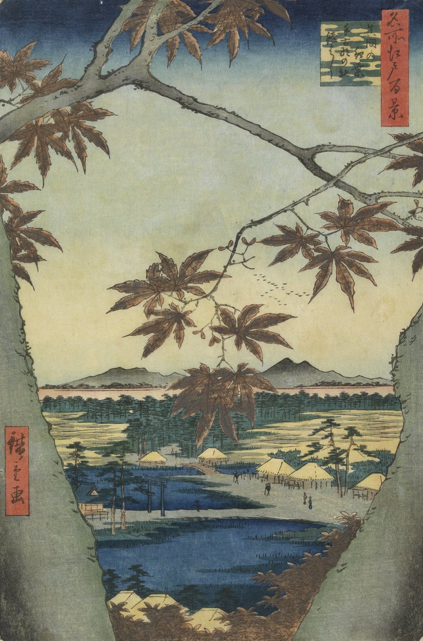 De esdoornbladeren van Mama, Tekona-heiligdom en Tsugi-brug door Utagawa Hiroshige