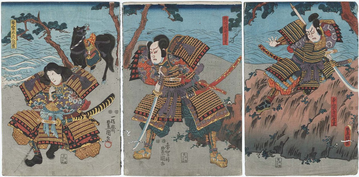 Acteurs Nakayama Bungoro II als Hirayama Mushadokoro Sueshige, Ichimura Takenojo V als Kumagai Jiro Naozane, en Bando Shuka I als Mukan tayu Atsumori door Utagawa Kunisada