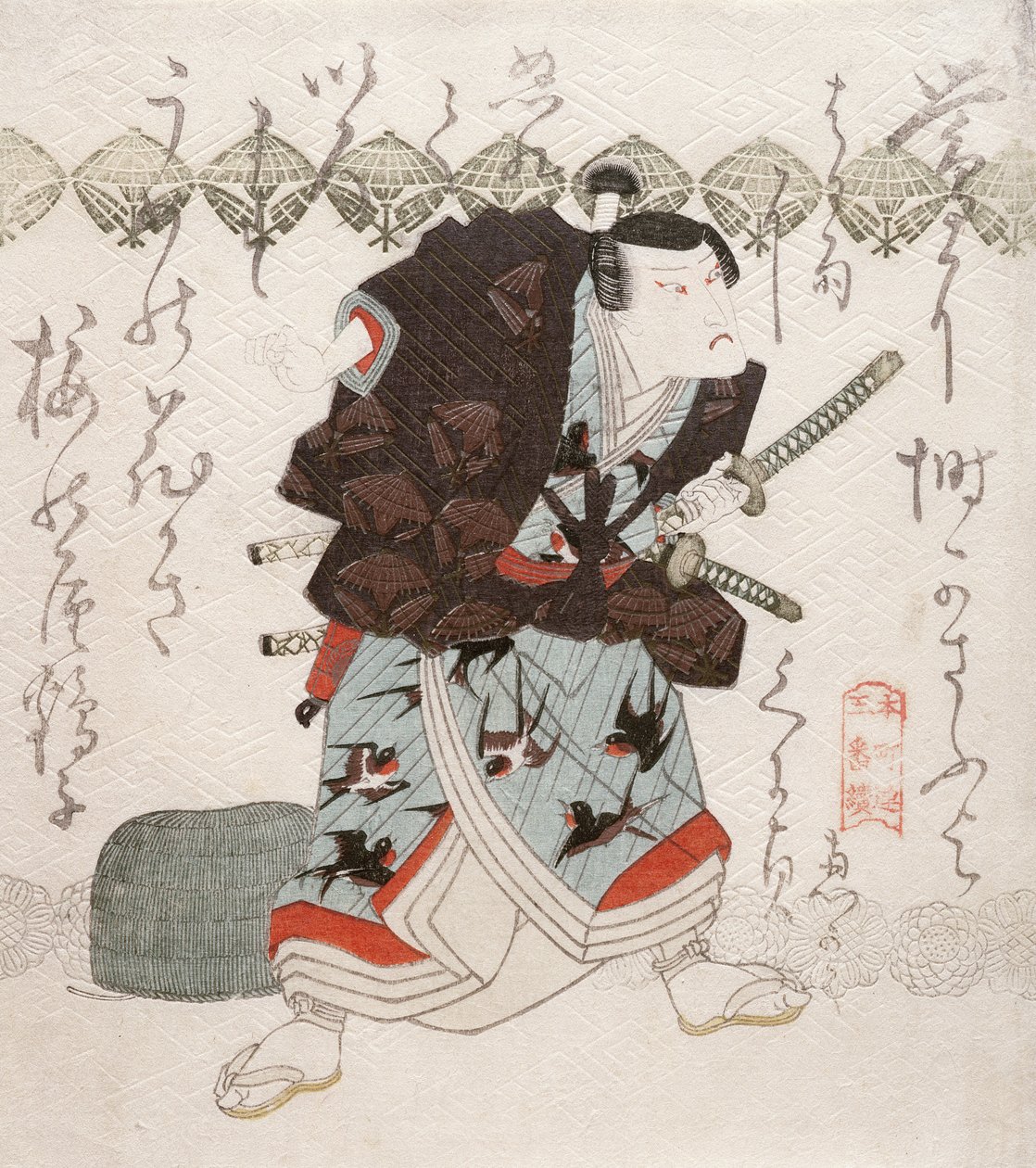 Onoe Kikugoro III als Nagoya Sanza in de Saya-ate (schede botsen) scène, ca. 1827-30 door Utagawa Kunisada