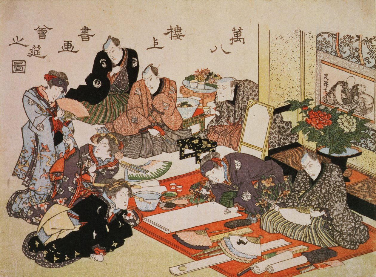Schilder- en kalligrafiefeest in het Manpachiro-theehuis, 1827 (kleur houtsnede) door Utagawa Kunisada