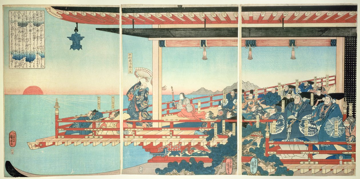 Kiyomori die de zonsondergang tegenhoudt door bezweringen door Utagawa Kuniyoshi