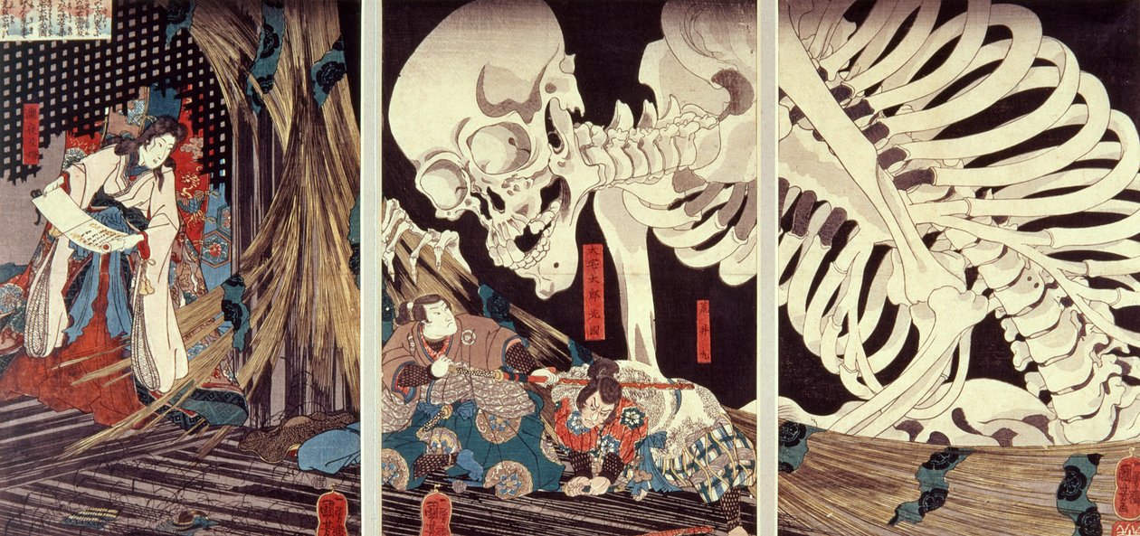 Mitsukini die het Skeletspook tart, ca. 1845 door Utagawa Kuniyoshi