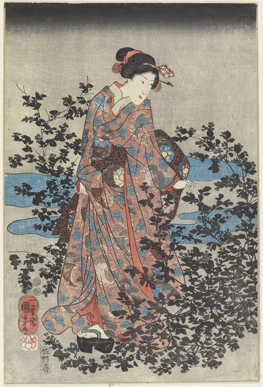 Nachtelijke scène met een schoonheid en bush clovers, 1847-1852 door Utagawa Kuniyoshi