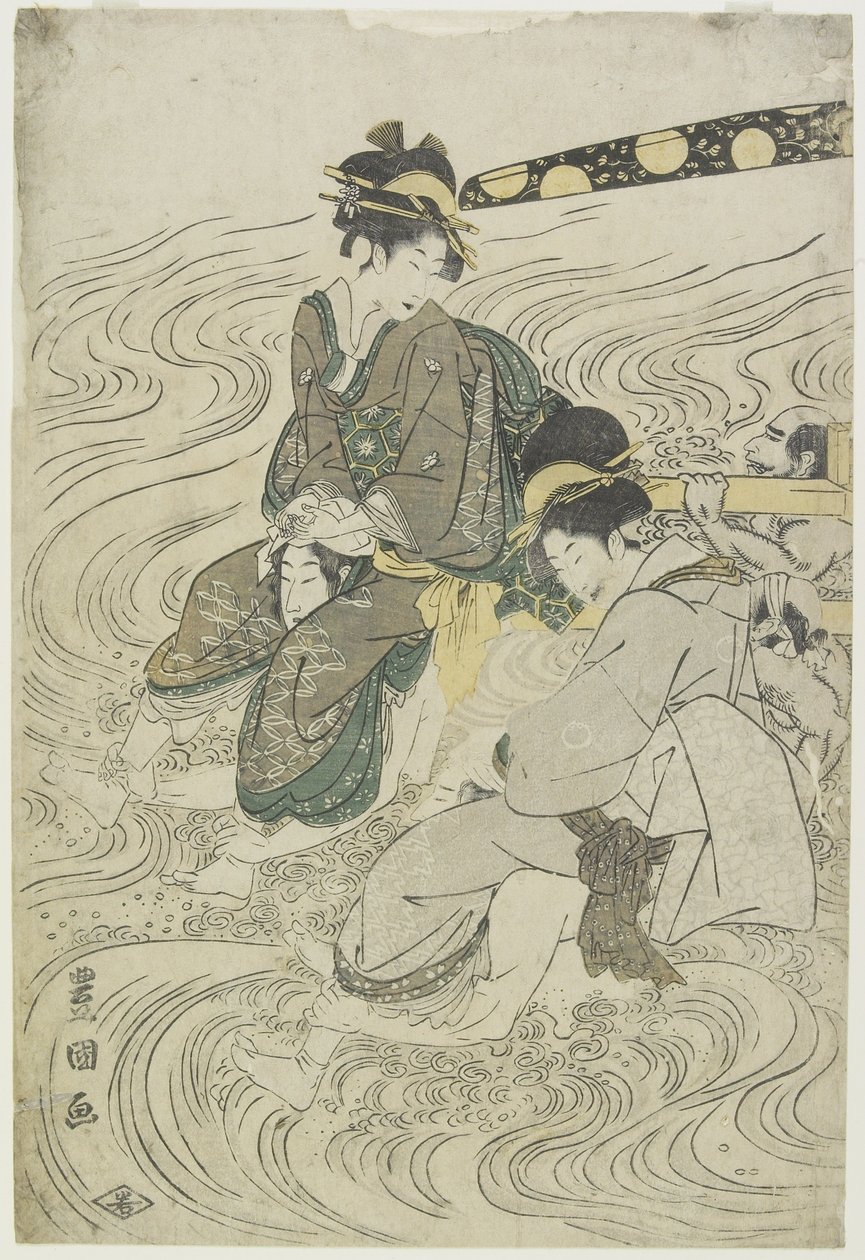 (Twee Vrouwen die een Rivier Oversteken op de Schouders van Koelies) door Utagawa Toyokuni