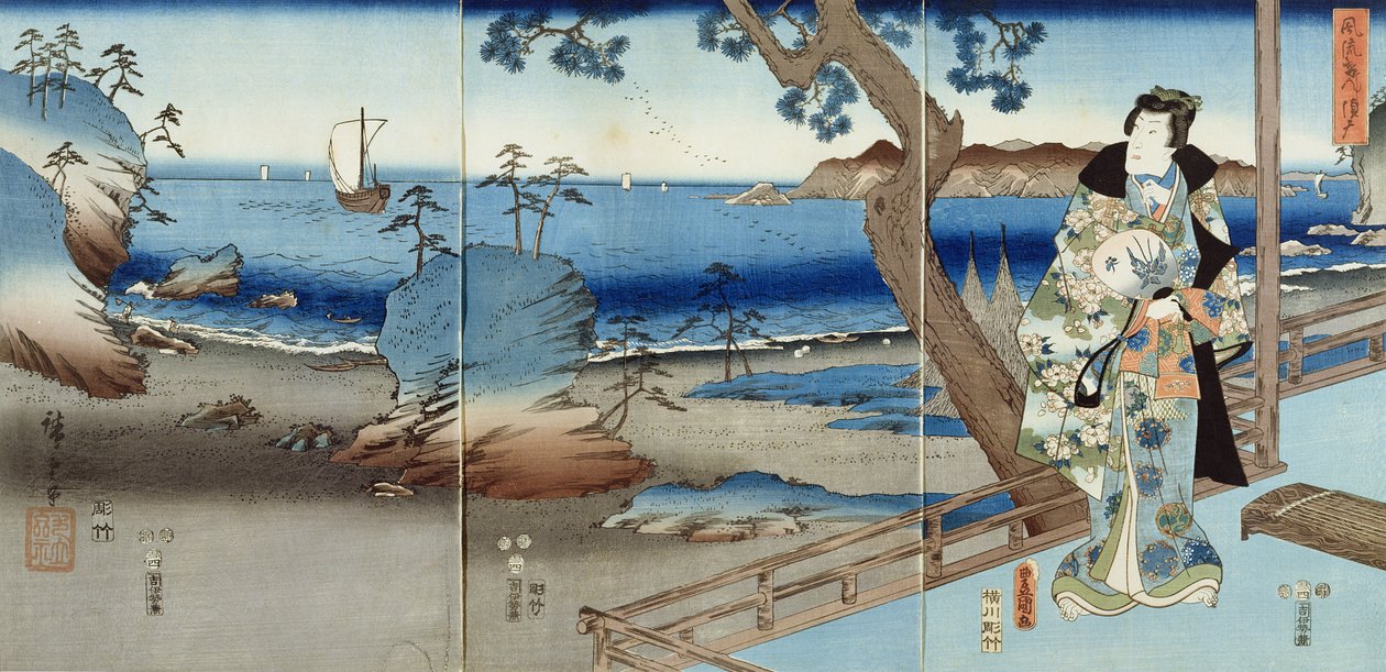 Prins Genji kijkt op het Suma Strand door Utagawa  Hiroshige and Kunisada