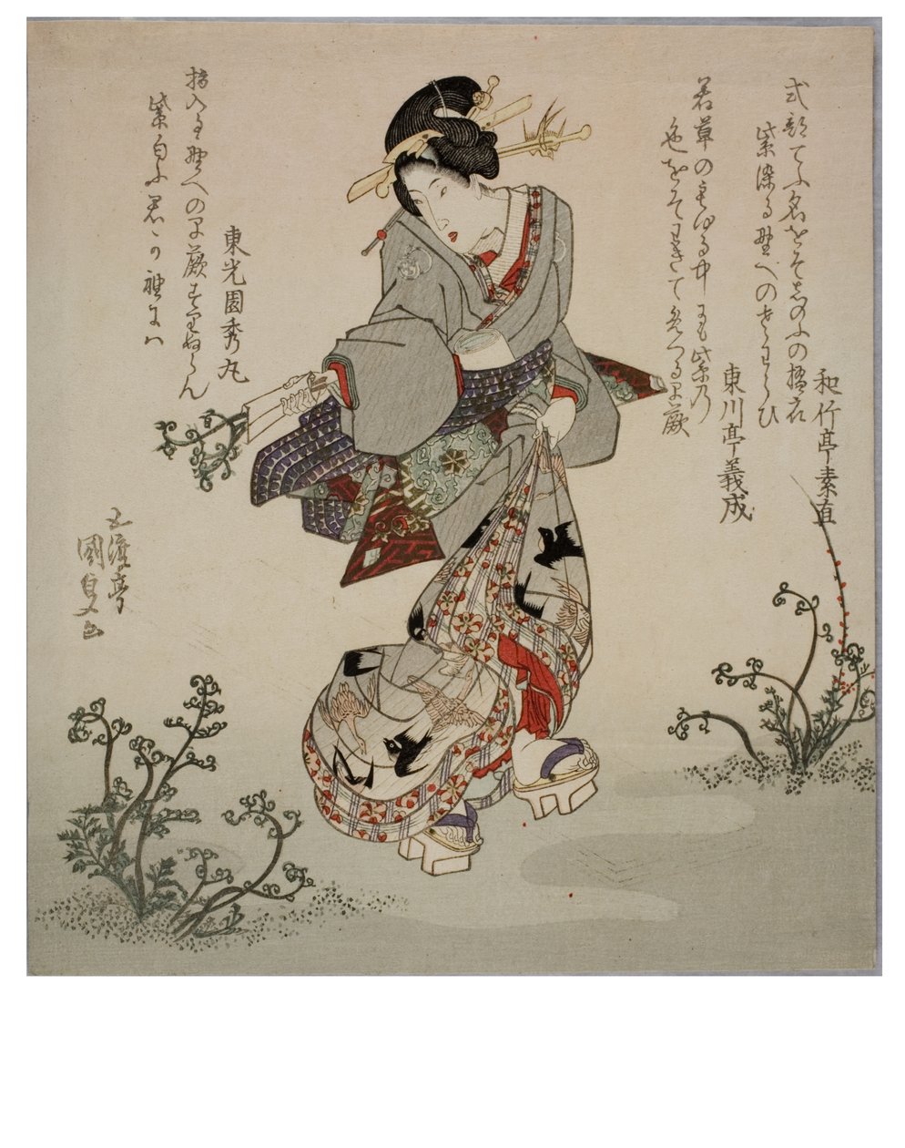 Een courtisane verzamelt varenscheuten, ca. 1786-1864 (houtsnede op papier) door Utagawa (1786-1865) Kunisada