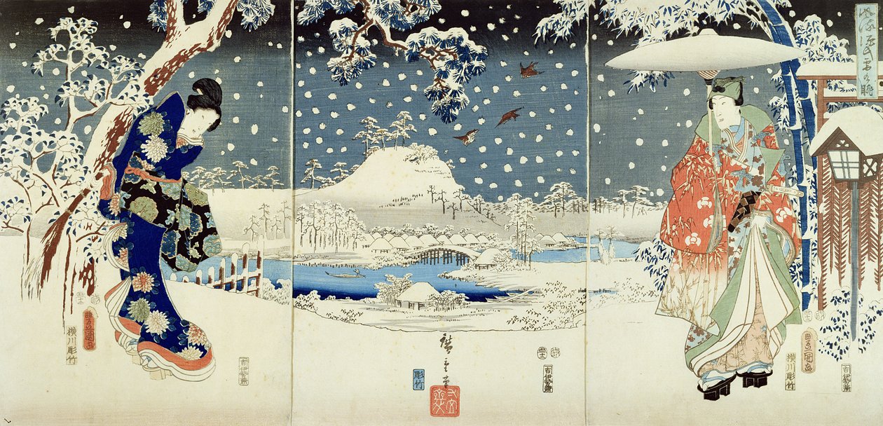 Sneeuwscène in de Tuin van een Daimyo door Utagawa  Hiroshige and Kunisada
