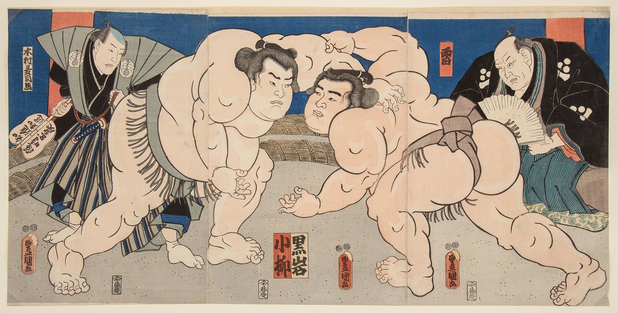 Gevecht van de sumoworstelaars Koyanagi en Kuroiwa door Utagawa Kunisada