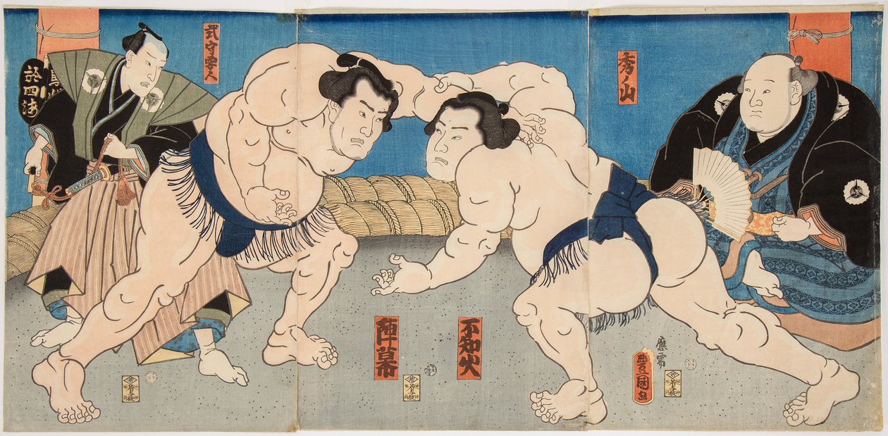 Gevecht van de sumoworstelaars Shiranui en Jimmaku door Utagawa Kunisada